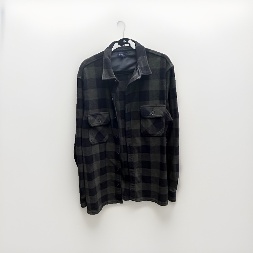 Croft & Barrow Mens XL Tall Fleece Shirt Jacket Buffalo Plaid Olive Green Black